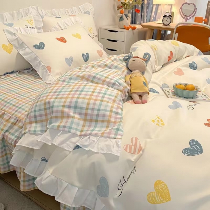 91家纺网 家纺一手货源 找家纺 艾橙家纺 2023新款小清新韩版磨毛花边四件套 心动时刻