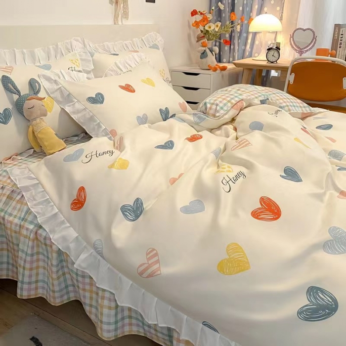 91家纺网 家纺一手货源 找家纺 艾橙家纺 2023新款小清新韩版磨毛花边四件套 心动时刻