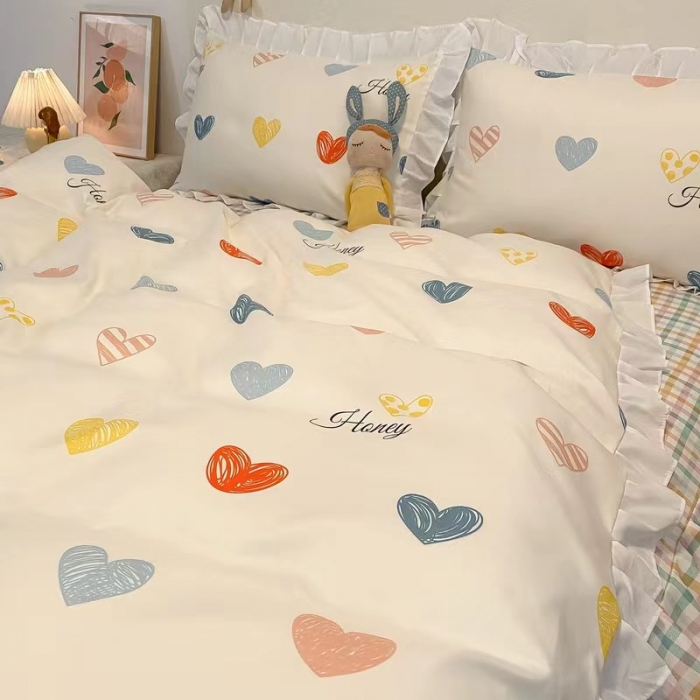 91家纺网 家纺一手货源 找家纺 艾橙家纺 2023新款小清新韩版磨毛花边四件套 心动时刻