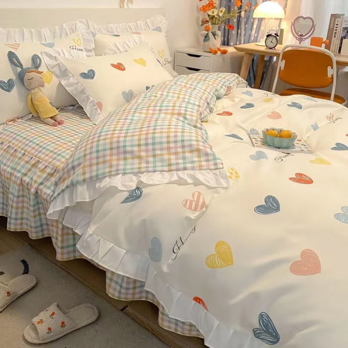 91家纺网 家纺一手货源 找家纺 艾橙家纺 2023新款小清新韩版磨毛花边四件套 心动时刻