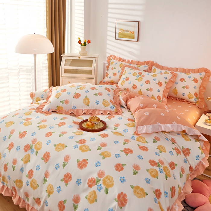 91家纺网 家纺一手货源 找家纺 艾橙家纺 2023新款小清新韩版磨毛花边四件套 伊芙