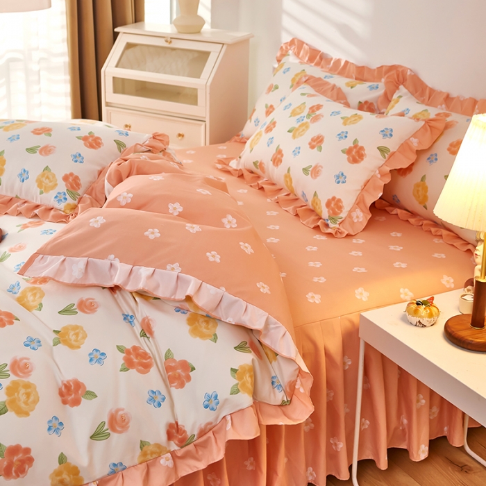 91家纺网 家纺一手货源 找家纺 艾橙家纺 2023新款小清新韩版磨毛花边四件套 伊芙