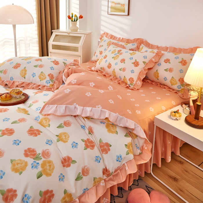 91家纺网 家纺一手货源 找家纺 艾橙家纺 2023新款小清新韩版磨毛花边四件套 伊芙