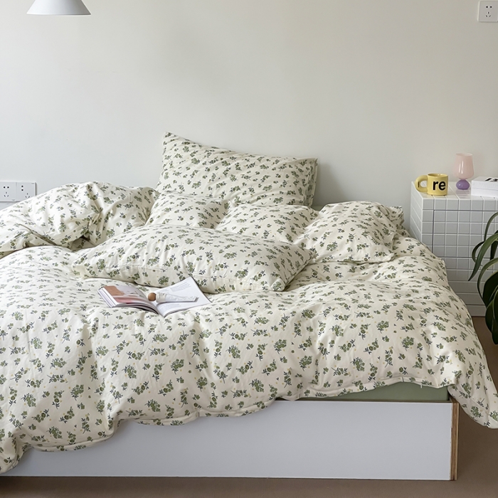 91家纺网 家纺一手货源 找家纺 荣轩家居 2023新款A类全棉双层纱印花四件套 青茶