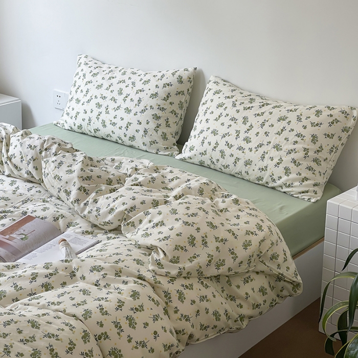 91家纺网 家纺一手货源 找家纺 荣轩家居 2023新款A类全棉双层纱印花四件套 青茶