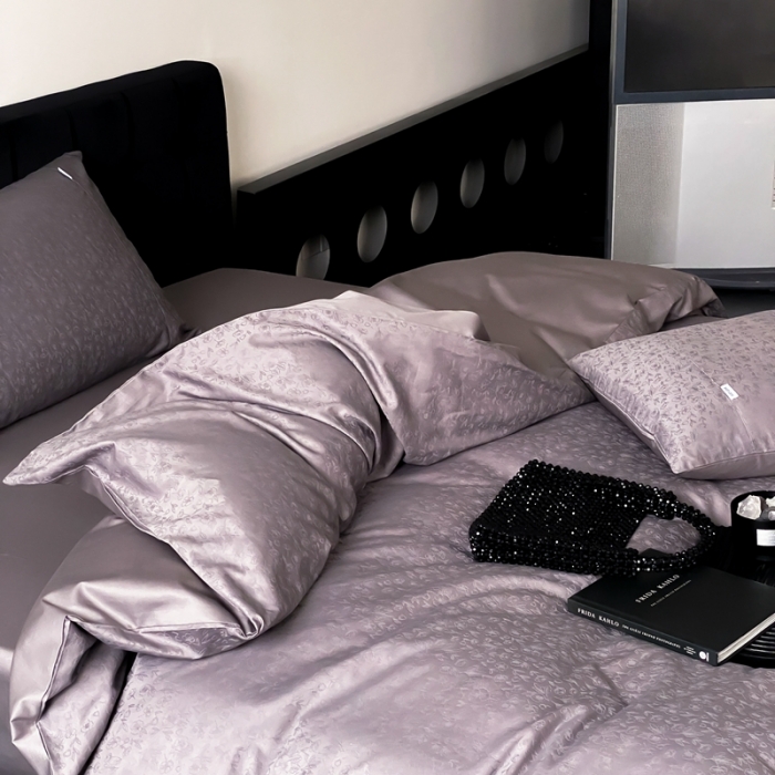 91家纺网 家纺一手货源 找家纺 梦享生活家居 2023新款全棉100支贡缎提花系列四件套 唯美之歌-灰