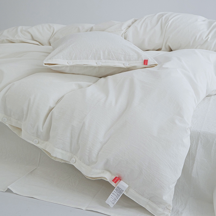 91家纺网 家纺一手货源 找家纺 安莱生活 2023年水洗棉全棉色经色纬高支高密纽扣款工艺四件套 纯白