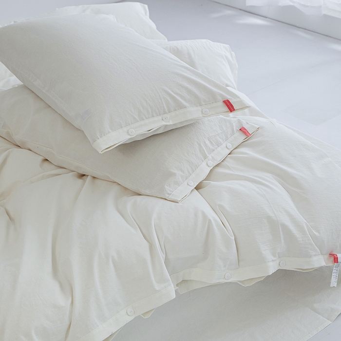 91家纺网 家纺一手货源 找家纺 安莱生活 2023年水洗棉全棉色经色纬高支高密纽扣款工艺四件套 纯白