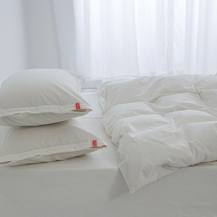 91家纺网 家纺一手货源 找家纺 安莱生活 2023年水洗棉全棉色经色纬高支高密纽扣款工艺四件套 纯白