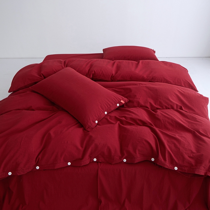 91家纺网 家纺一手货源 找家纺 安莱生活 2023年水洗棉全棉色经色纬高支高密纽扣款工艺四件套 大红