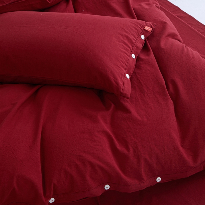 91家纺网 家纺一手货源 找家纺 安莱生活 2023年水洗棉全棉色经色纬高支高密纽扣款工艺四件套 大红