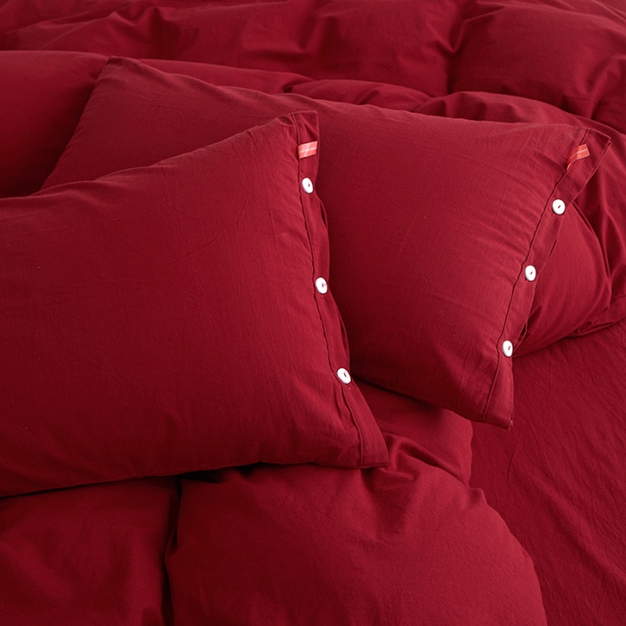 91家纺网 家纺一手货源 找家纺 安莱生活 2023年水洗棉全棉色经色纬高支高密纽扣款工艺四件套 大红