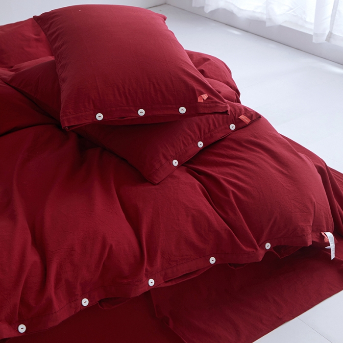 91家纺网 家纺一手货源 找家纺 安莱生活 2023年水洗棉全棉色经色纬高支高密纽扣款工艺四件套 大红