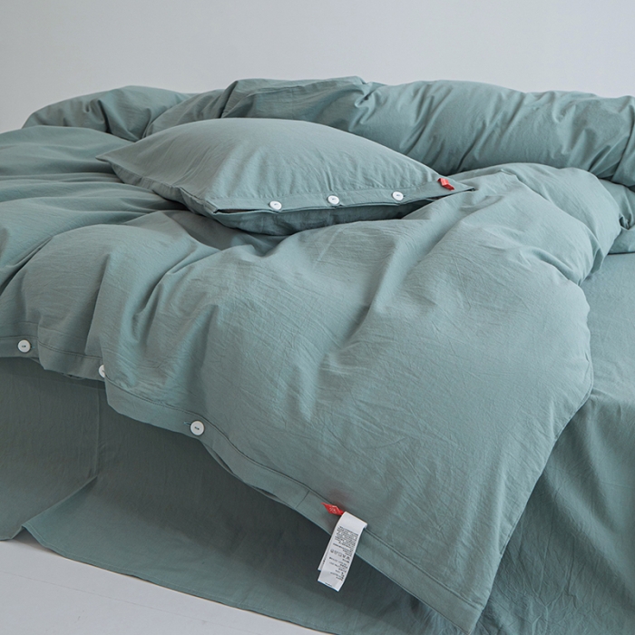 91家纺网 家纺一手货源 找家纺 安莱生活 2023年水洗棉全棉色经色纬高支高密纽扣款工艺四件套 灰绿