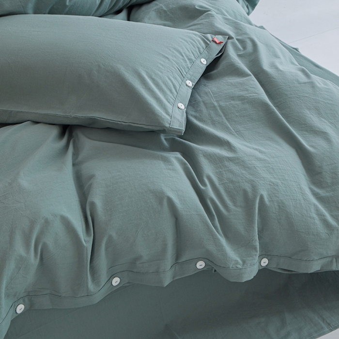 91家纺网 家纺一手货源 找家纺 安莱生活 2023年水洗棉全棉色经色纬高支高密纽扣款工艺四件套 灰绿