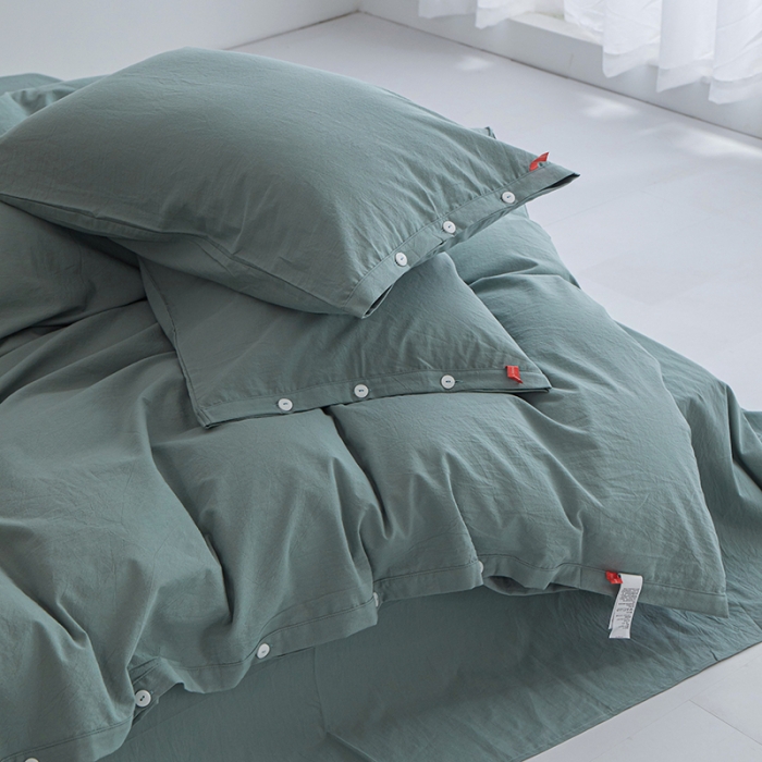 91家纺网 家纺一手货源 找家纺 安莱生活 2023年水洗棉全棉色经色纬高支高密纽扣款工艺四件套 灰绿
