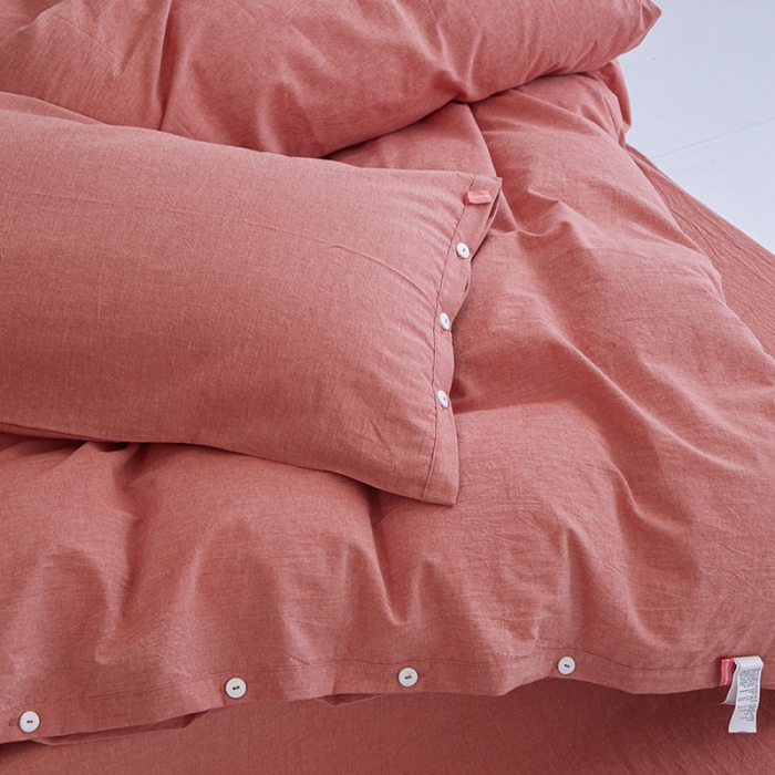 91家纺网 家纺一手货源 找家纺 安莱生活 2023年水洗棉全棉色经色纬高支高密纽扣款工艺四件套 橘红