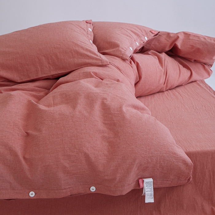 91家纺网 家纺一手货源 找家纺 安莱生活 2023年水洗棉全棉色经色纬高支高密纽扣款工艺四件套 橘红