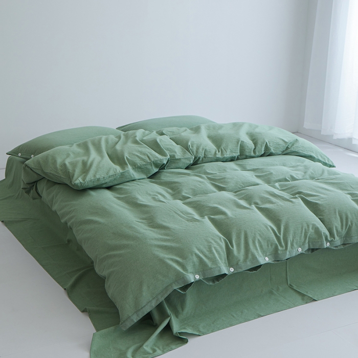 91家纺网 家纺一手货源 找家纺 安莱生活 2023年水洗棉全棉色经色纬高支高密纽扣款工艺四件套 嫩绿