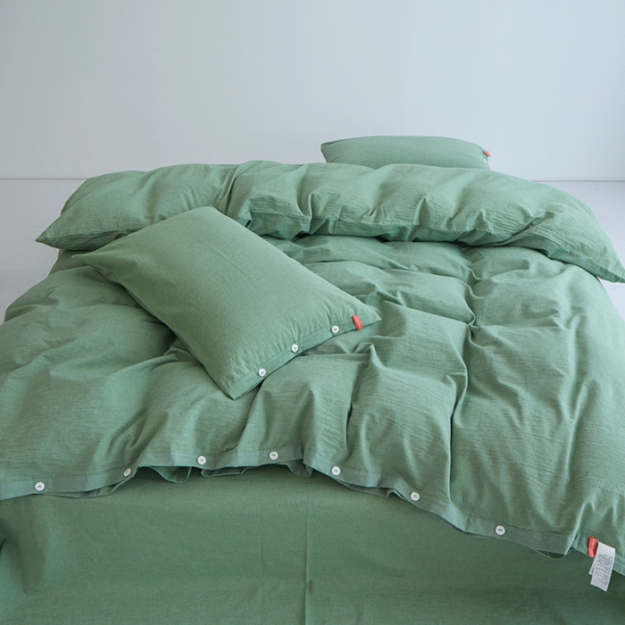 91家纺网 家纺一手货源 找家纺 安莱生活 2023年水洗棉全棉色经色纬高支高密纽扣款工艺四件套 嫩绿