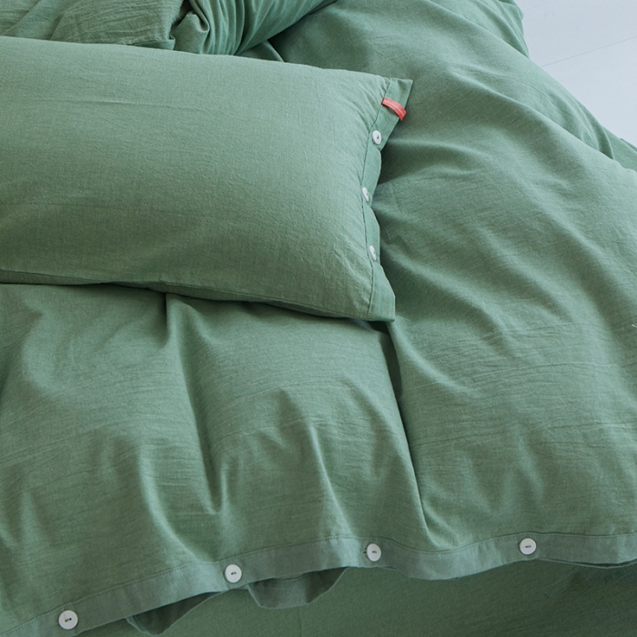 91家纺网 家纺一手货源 找家纺 安莱生活 2023年水洗棉全棉色经色纬高支高密纽扣款工艺四件套 嫩绿