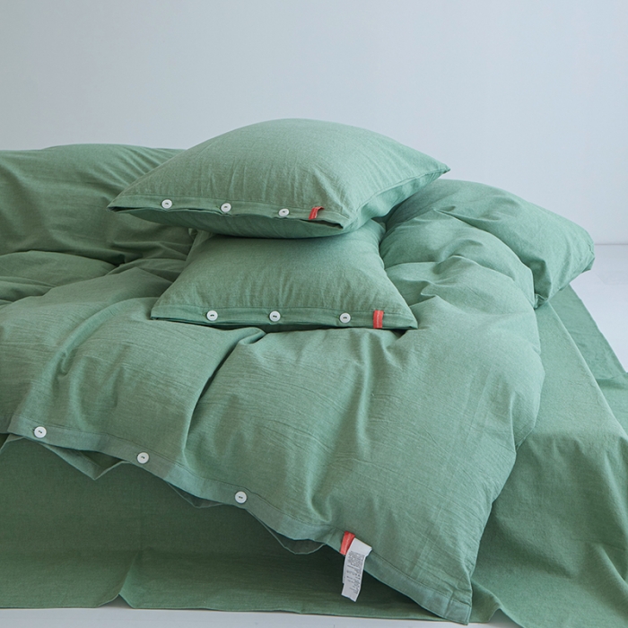 91家纺网 家纺一手货源 找家纺 安莱生活 2023年水洗棉全棉色经色纬高支高密纽扣款工艺四件套 嫩绿