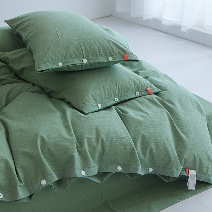 91家纺网 家纺一手货源 找家纺 安莱生活 2023年水洗棉全棉色经色纬高支高密纽扣款工艺四件套 嫩绿