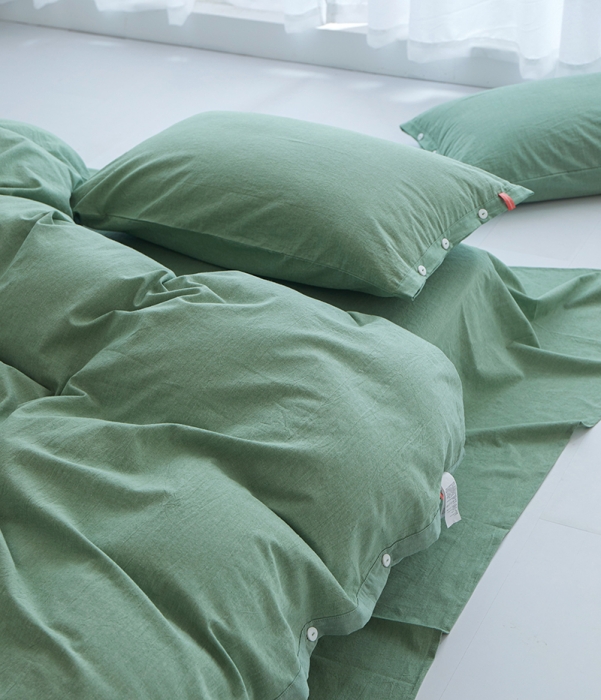 91家纺网 家纺一手货源 找家纺 安莱生活 2023年水洗棉全棉色经色纬高支高密纽扣款工艺四件套 嫩绿