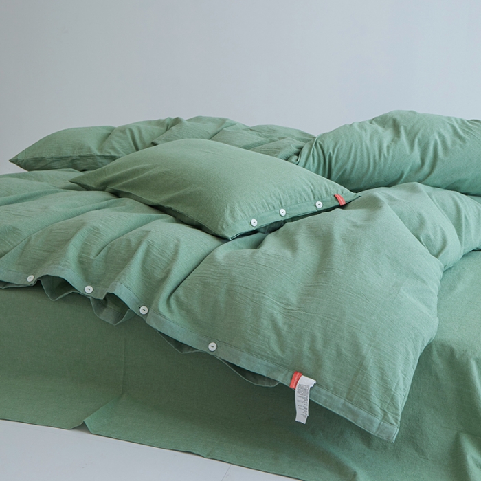 91家纺网 家纺一手货源 找家纺 安莱生活 2023年水洗棉全棉色经色纬高支高密纽扣款工艺四件套 嫩绿