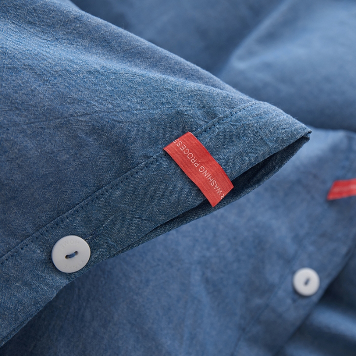 91家纺网 家纺一手货源 找家纺 安莱生活 2023年水洗棉全棉色经色纬高支高密纽扣款工艺四件套 深蓝