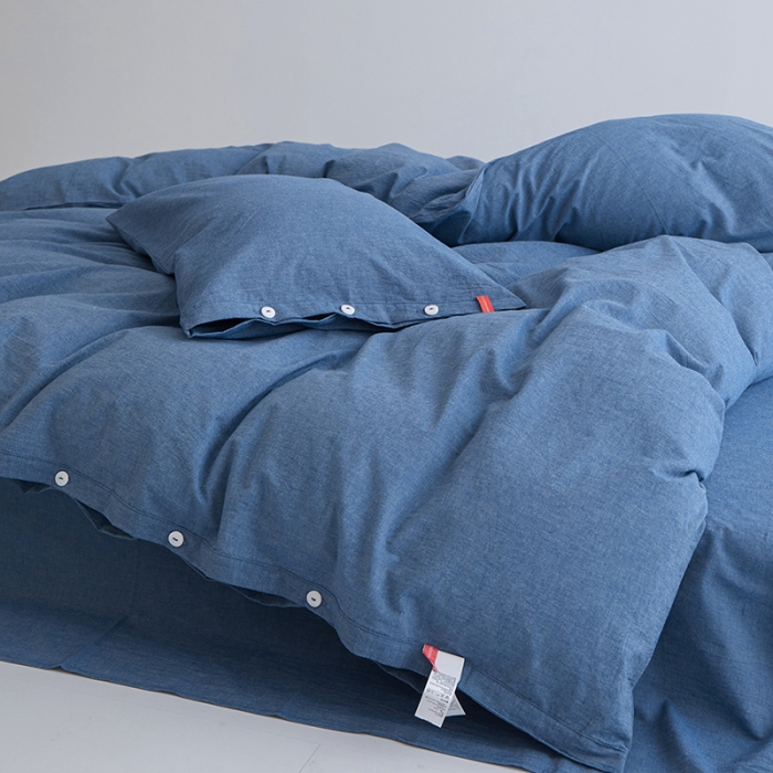 91家纺网 家纺一手货源 找家纺 安莱生活 2023年水洗棉全棉色经色纬高支高密纽扣款工艺四件套 深蓝