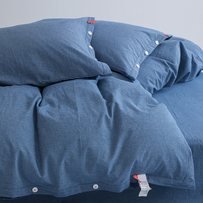 91家纺网 家纺一手货源 找家纺 安莱生活 2023年水洗棉全棉色经色纬高支高密纽扣款工艺四件套 深蓝