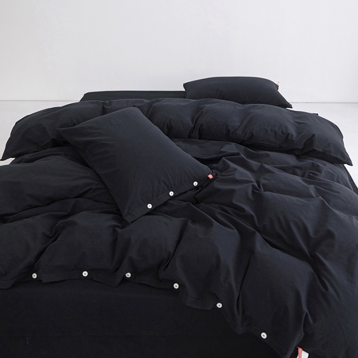 91家纺网 家纺一手货源 找家纺 安莱生活 2023年水洗棉全棉色经色纬高支高密纽扣款工艺四件套 炭黑