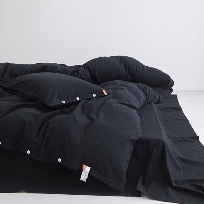 91家纺网 家纺一手货源 找家纺 安莱生活 2023年水洗棉全棉色经色纬高支高密纽扣款工艺四件套 炭黑