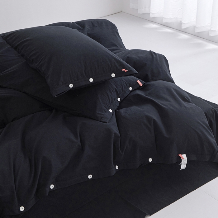 91家纺网 家纺一手货源 找家纺 安莱生活 2023年水洗棉全棉色经色纬高支高密纽扣款工艺四件套 炭黑