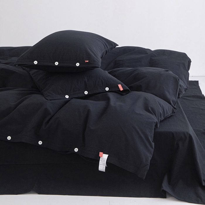 91家纺网 家纺一手货源 找家纺 安莱生活 2023年水洗棉全棉色经色纬高支高密纽扣款工艺四件套 炭黑