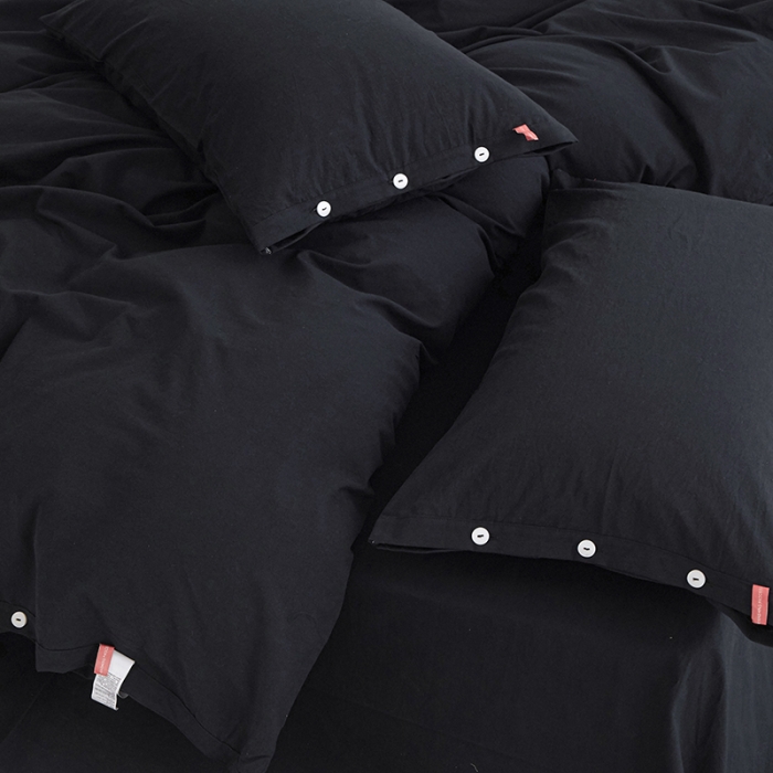 91家纺网 家纺一手货源 找家纺 安莱生活 2023年水洗棉全棉色经色纬高支高密纽扣款工艺四件套 炭黑