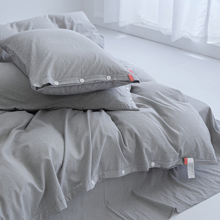 91家纺网 家纺一手货源 找家纺 安莱生活 2023年水洗棉全棉色经色纬高支高密纽扣款工艺四件套 银灰