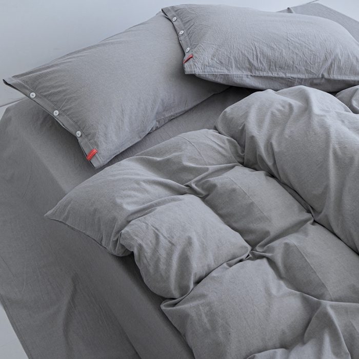 91家纺网 家纺一手货源 找家纺 安莱生活 2023年水洗棉全棉色经色纬高支高密纽扣款工艺四件套 银灰