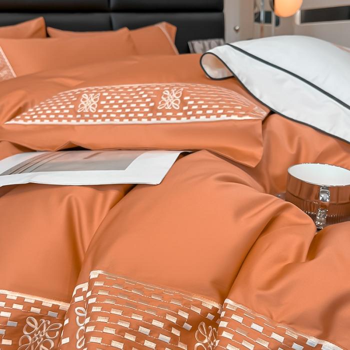 91家纺网 家纺一手货源 找家纺 夏季100支贡缎长绒棉四件套全棉纯棉轻奢风纯色简约刺绣床单被套床上用品 罗纳威-中古橙