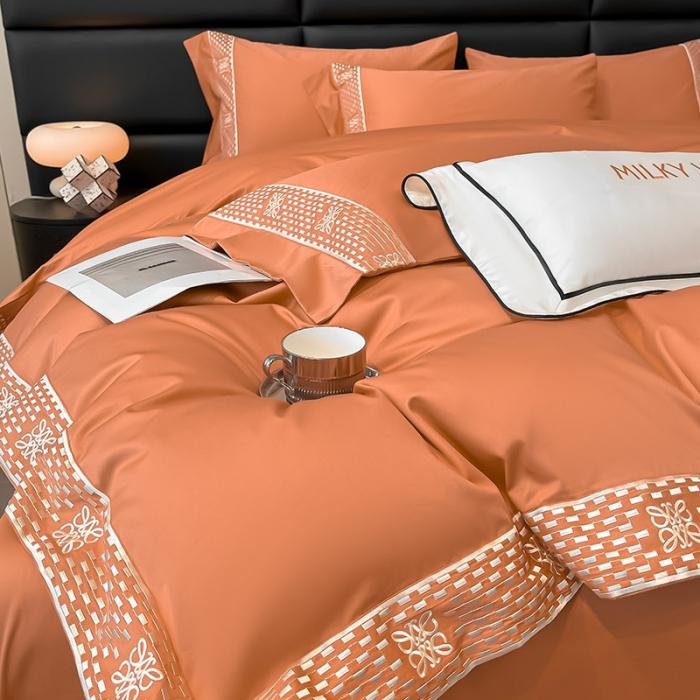 91家纺网 家纺一手货源 找家纺 夏季100支贡缎长绒棉四件套全棉纯棉轻奢风纯色简约刺绣床单被套床上用品 罗纳威-中古橙