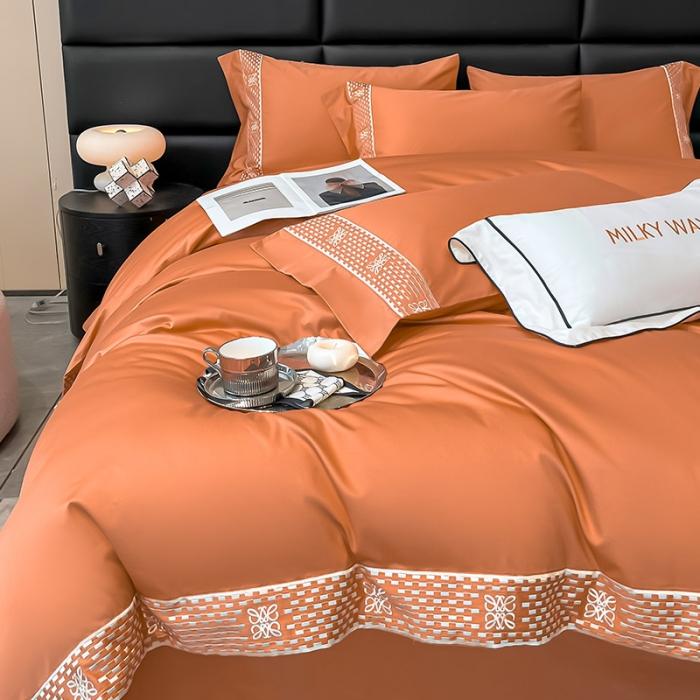 91家纺网 家纺一手货源 找家纺 夏季100支贡缎长绒棉四件套全棉纯棉轻奢风纯色简约刺绣床单被套床上用品 罗纳威-中古橙