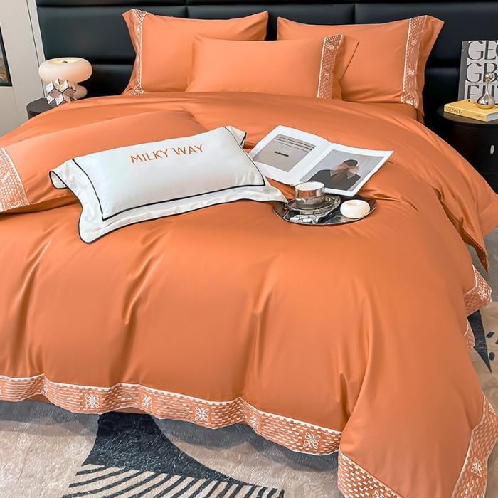 91家纺网 家纺一手货源 找家纺 夏季100支贡缎长绒棉四件套全棉纯棉轻奢风纯色简约刺绣床单被套床上用品 罗纳威-中古橙