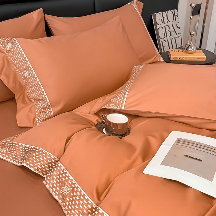 91家纺网 家纺一手货源 找家纺 夏季100支贡缎长绒棉四件套全棉纯棉轻奢风纯色简约刺绣床单被套床上用品 罗纳威-中古橙