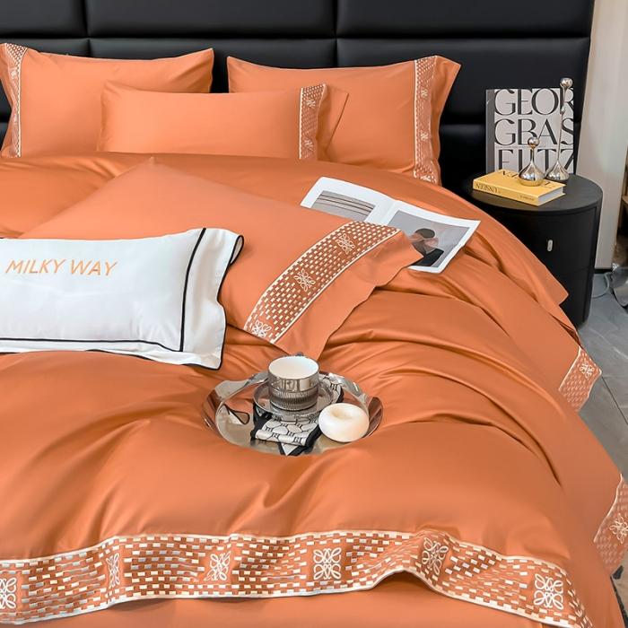 91家纺网 家纺一手货源 找家纺 夏季100支贡缎长绒棉四件套全棉纯棉轻奢风纯色简约刺绣床单被套床上用品 罗纳威-中古橙