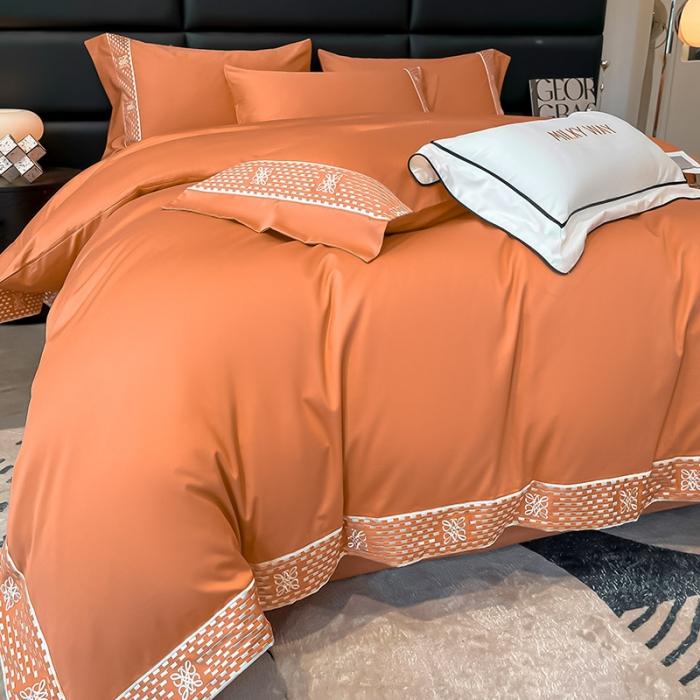 91家纺网 家纺一手货源 找家纺 夏季100支贡缎长绒棉四件套全棉纯棉轻奢风纯色简约刺绣床单被套床上用品 罗纳威-中古橙