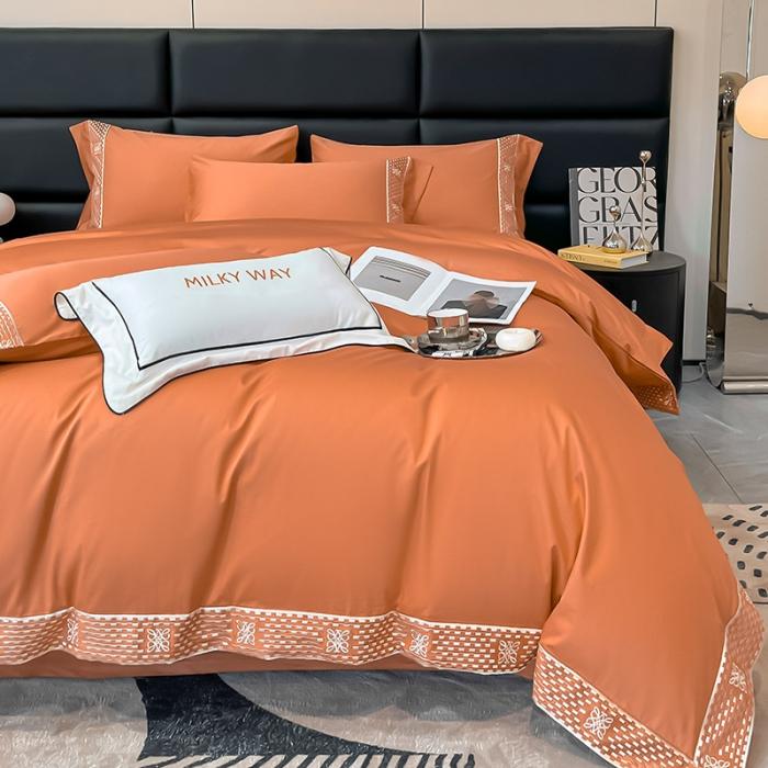 91家纺网 家纺一手货源 找家纺 夏季100支贡缎长绒棉四件套全棉纯棉轻奢风纯色简约刺绣床单被套床上用品 罗纳威-中古橙