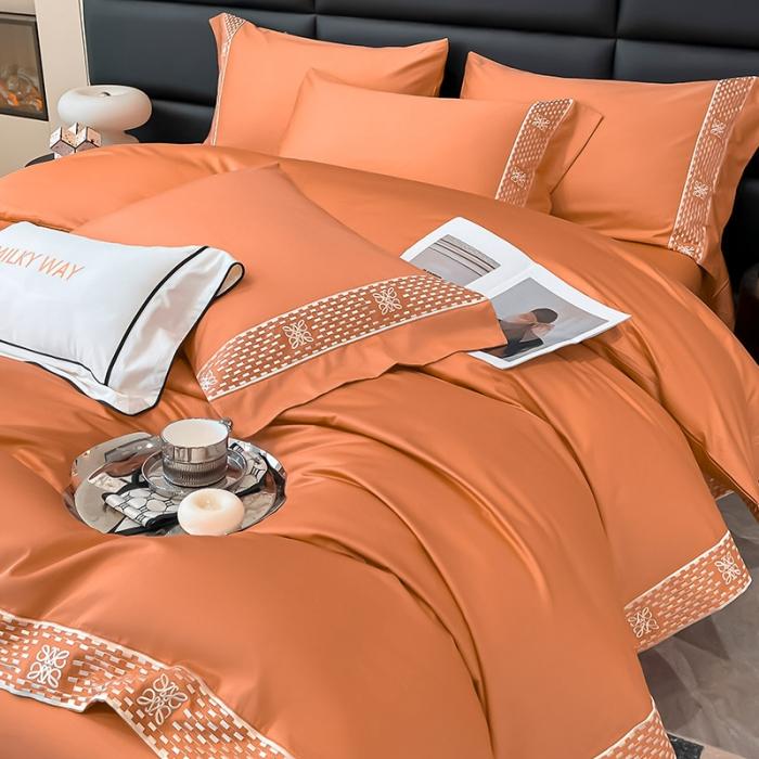 91家纺网 家纺一手货源 找家纺 夏季100支贡缎长绒棉四件套全棉纯棉轻奢风纯色简约刺绣床单被套床上用品 罗纳威-中古橙