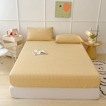 91家纺网 家纺一手货源 找家纺 盼季 2023新款水洗棉床笠三件套防滑床罩席梦思全包围保护套 布丁黄格