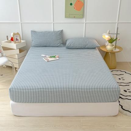 91家纺网 家纺一手货源 找家纺 盼季 2023新款水洗棉床笠三件套防滑床罩席梦思全包围保护套 布丁蓝格